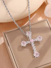 1pc Minimalist Vintage Cross Pink Zirconia Necklace, Clavicle Chain, Suitable For Christian Women Daily Wear Jewelry Accessory, Gift - Cross - View 2