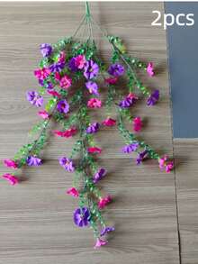 2束90股仿真戶外/室內裝飾紫色懸掛藤蔓，附鮮豔紫色與紅色花朵，適用於玄關、門廊、窗台、樓梯與壁爐裝飾，適合聖誕節、復活節、萬聖節與花園裝飾 - A - 查看 9