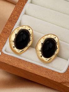 1 Pair European And American Fashion Elegant New Classic Black Oval Inlaid Asymmetrical Shape Earrings, Versatile And - Multicolor - View 3