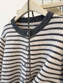 Plus Size Women's Autumn/Winter Striped Knit Cardigan, Round Neck Single-Breasted Long Sleeve, Loose Casual Daily Outerwear - Grey - View 8
