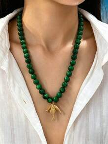 1pc Fashionable Summer Beach Acrylic Gold Fish Pendant Beaded Necklace For Women, Fresh Green Bohemian Style, Minimalist Casual Fish Beaded Design, Suitable For Vacation, Daily Wear, Date, Photo Shoot - Green - View 1