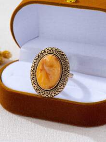 1 Stück Vintage Palast-Stil geometrischer ovaler Steinring, Blumen-Rand-Schnitzdesign, betont edel und elegant, geeignet für Frauen als Partytragen - golden - Übersicht 2