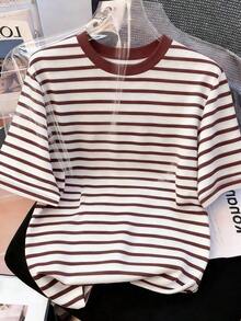 Camiseta de manga corta de punto ajustada con rayas y contraste de color para mujer - Rojo - Ver 1