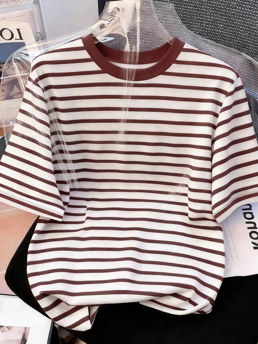 Camiseta de manga corta de punto ajustada con rayas y contraste de color para mujer - Rojo - Ver 1