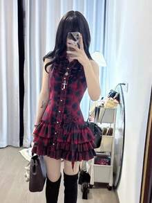 Summer Japanese Y2K Sweet Vintage Elegant Woman Sexy Retro Design Harajuku Dress Female Plaid Korea Style Chic Outfits New  Slim Fit Princess A Line Short Mini Bodycon Streetwear - Gray - 查看 8