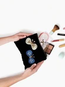 2D手工蝴蝶刺繡化妝包，可愛帆布拉鍊化妝袋，便攜式旅行盥洗包，多功能零錢包，口紅與耳機收納袋，多色可選，精美日常手拿包，適合女性與蝴蝶愛好者的理想禮物，適用於旅行、上學與日常使用（非3D設計） - 彩色 - 查看 9