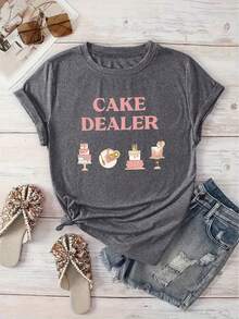[Último Modelo] Camiseta Estampada con Diseño Cake Dealer, Camiseta Básica Casual de Cuello Redondo, Camiseta de Manga Corta para Vacaciones de Primavera/Verano, Ropa Deportiva para Mujer, Ropa Nueva para Mujer, Lavable a Máquina - Verde Oscuro - Ver 11