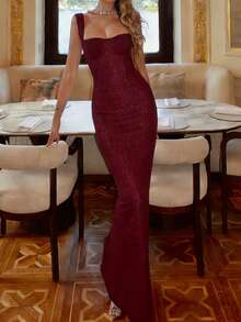 1pc Solid Color Sexy Elegant Party Knit Fabric Cup Detail Dress, Suitable For Holiday, Wedding, Birthday Party, Summer - Burgundy - View 4