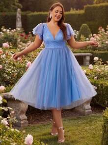 Women Plus Size Elegant Sequin Floral Print Mesh Applique V-Neck Cocktail Party Bridesmaid Dress For Wedding Guest, Homecoming, Spring/Summer/Autumn - Dusty Blue - View 9