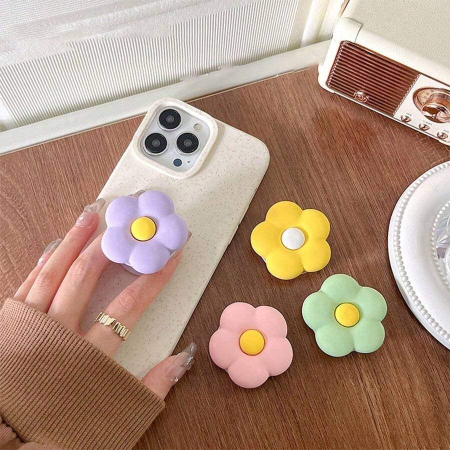 1pc Solid Color Matte Flower Phone Airbag Stand, Stable Retractable Desktop Support Adhesive Bracket, Dopamine Color Flower Adhesive Retractable Stand - Multicolor - View 1