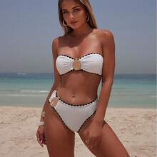 2026 Ny Enfärgad Blommig Knoppskal Metall Tillbehör Tvådelad Baddräkt Bikini - 9340 Vit - Visa 4