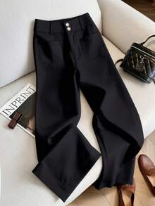 HOMEYEE Plus Size Elegant Black Wide Leg Suit Pants, With Pockets, Fashion Casual Knit Pants Fall - Black - View 8