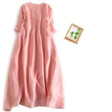 Elegante Vestido Rosa de Algodón y Lino Bordado para Mujer, Vestido Largo de Verano Holgado que Cubre el Vientre, Estiliza y ... - Rosa - Ver 2