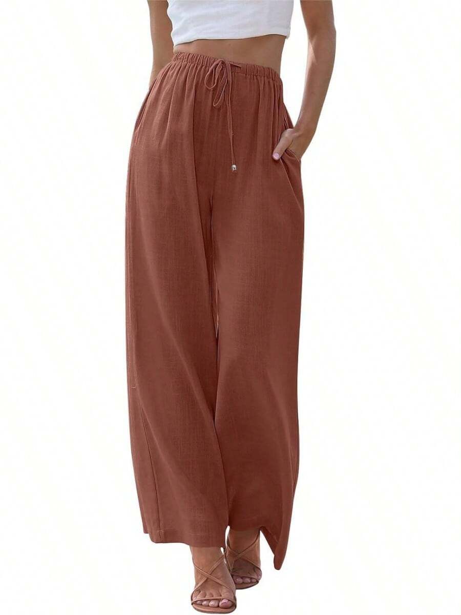 Pantalones de lino holgados de talla grande para mujer, con bolsillos y cordón ajustable, de pierna ancha. - Rojo - Ver 1