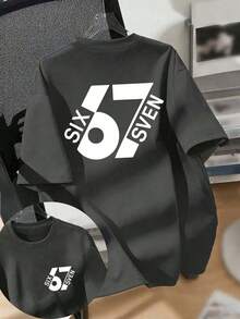 Summer Short-Sleeved T-Shirt For Boys, "67" With A Fun Digital Design. Suitable For Casual Wear, School, And Everyday Wear. - Grey - View 1