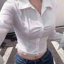 Fashion Women's Clothing  Cárdigan de corte ajustado con estilo universitario y costuras de espina de pescado, blusa elegante de manga larga con parches de encaje hueco para uso en la oficina, primavera/otoño Y2k - Blanco - Ver 7