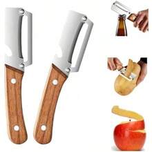 2pcs Multi-Function Peeler With Wooden Handle And Bottle Opener, 2-In-1 Stainless Steel Blades, Essential Kitchen Tool Designed For Peeling Various Fruits And Vegetables - Multiple Styles - View 1