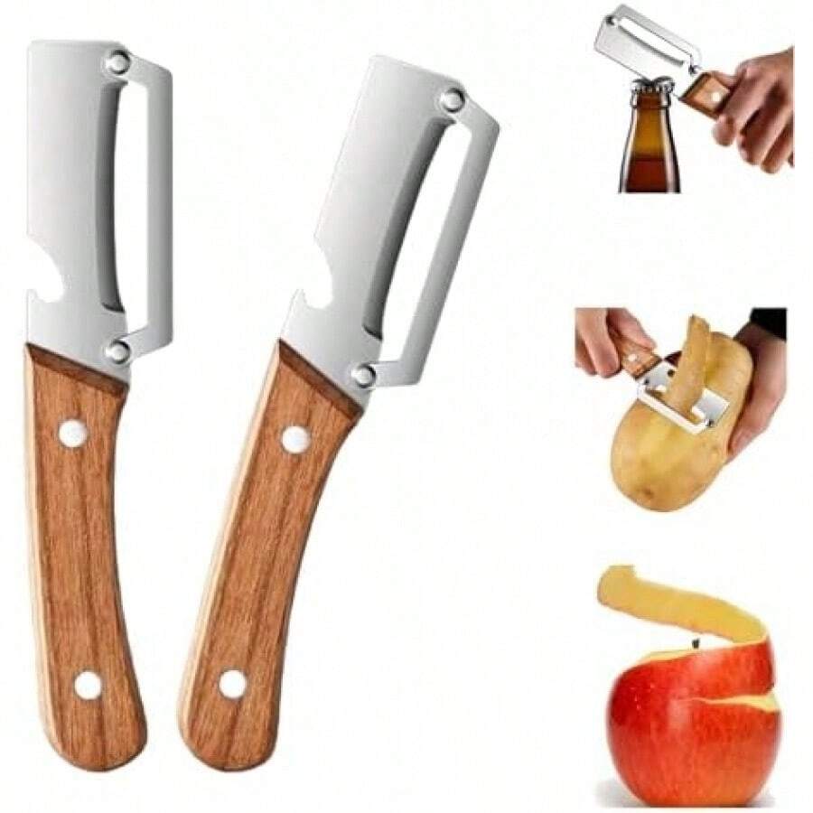 2pcs Multi-Function Peeler With Wooden Handle And Bottle Opener, 2-In-1 Stainless Steel Blades, Essential Kitchen Tool Designed For Peeling Various Fruits And Vegetables - Multiple Styles - View 1