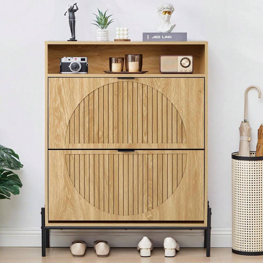 Fluted Shoe Cabinet With 2 Flip Drawers, Slim Freestanding Hidden Shoe Cabinet Organizer, Narrow Shoes Storage Rack For Entryway (-2 Drawers, 9.45" D X 31.5" W X 41.93" H) - View 1