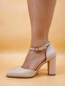 Wide Fit Elegant Strap Pointed Toe Chunky Heel Pumps, Comfortable Casual Work Shoes For Women With Wide Feet, Solid Color Spring/Summer High Heels - Apricot - View 5