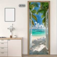 1/2pcs Tropical Style Door Sticker, Beach Scenery Door Decal, Ocean Paradise Door Decor, Fashionable Door Art, Retro Door Wallpaper, Modern Home Decor Door Sticker, 2D Flat - A - View 5