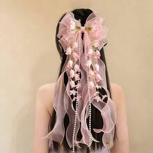 1pc AYLHFO Spring/Summer New Bridal Artificial Flower Mesh Long Ribbon Bow Hair Clip, Women's Fashion Bohemian Style Exaggerated Large Long Ribbon Tulip Bow Hair Clip, Bridal Wedding Hair Accessory, Suitable For Daily And Wedding Party Wear - màu xanh da trời - Xem 2