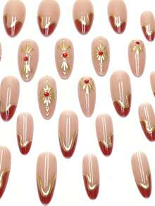 24pcs Kuku Palsu Minimalis Seri Warna Dopamin Merah Batu Permata & Mutiara, Berlapis Emas, Bentuk Almond Sedang dengan Garis Goresan, Cocok untuk Musim Semi, Musim Gugur, Kerja, Sehari-hari, Pesta, Pernikahan, Dilengkapi dengan Gel Jelly dan Kikir, Kuku Palsu yang Dapat Digunakan Kembali dan Dilepas, Perlengkapan Seni Kuku - Burgundy - View 4