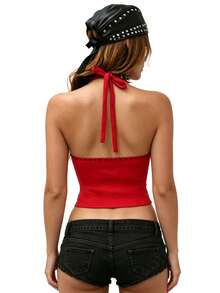 Womens Rivets Studded Halter Neck Plunge Cami Top Self-Tie Spaghetti Straps V-Neck Cut Out Front Crop Tank Top Camisole Vest Y2K Streetwear Party Tops - F216717-紅色 - 查看 7