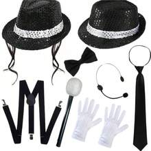 1/2/3/4/5/6/7/8pcs Adult Disco Dance Club Costume And Accessories Set, Popular Star Theme Party Outfit, Includes Glitter Hooded Hat, Silver Gloves, Bow Tie, 80s Popular Star Party Costume, Disco Party Accessories, Halloween Costume - Multicolor - View 17