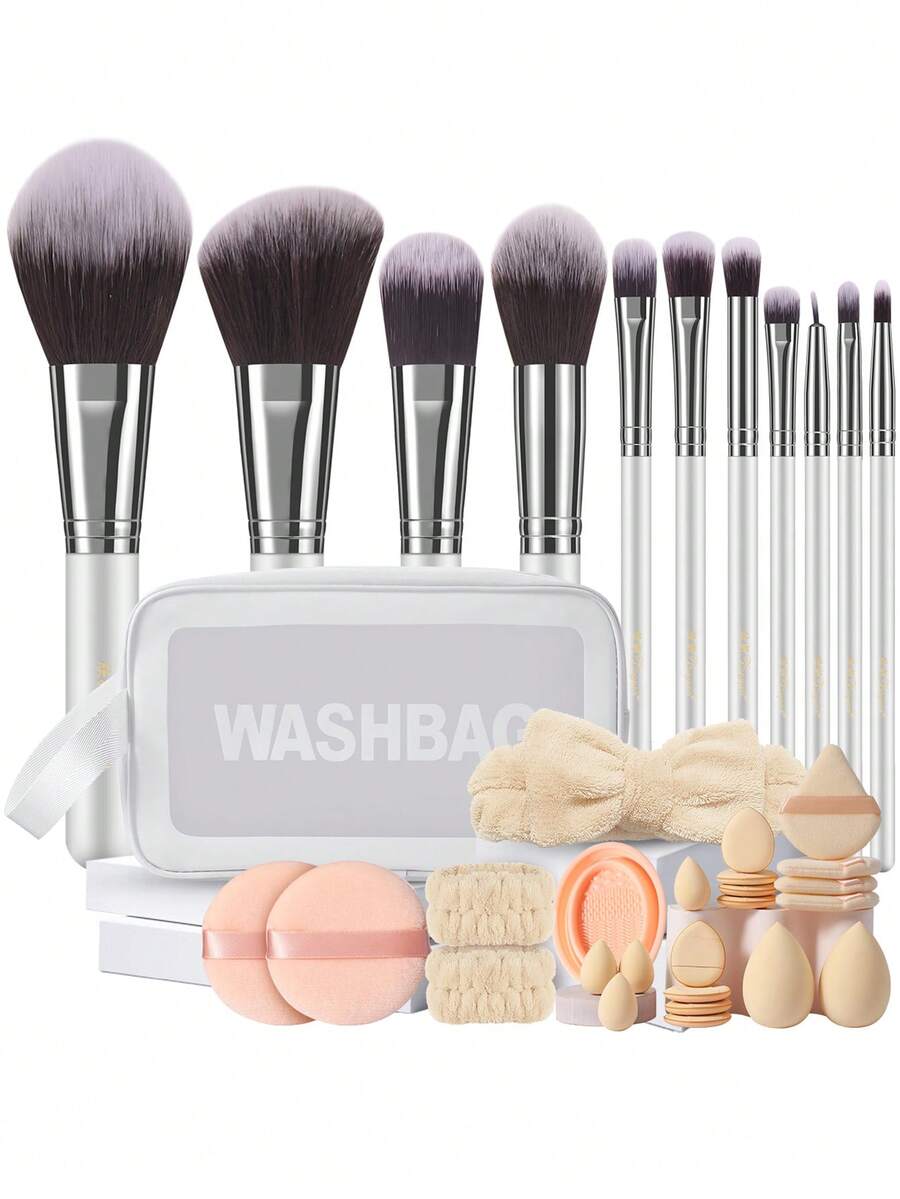 36Pcs All-In-One Makeup Tools Set, 11Pcs Soft Makeup Brushes, Waterproof Zipper Cosmetic Bag, Makeup Sponges, Mini Makeup Sponges, Multi-Style Powder Puffs, Hairband, Hand Straps & Brush Cleaner, Beginner Portable Beauty Kit - Multicolor - View 1