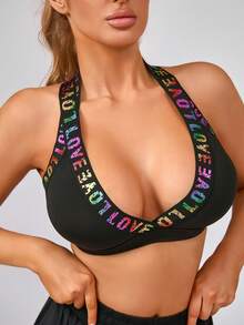 Women's Fashion V-Neck Removable Padded Criss-Cross Strap Sports Knit Bra - Black - View 4