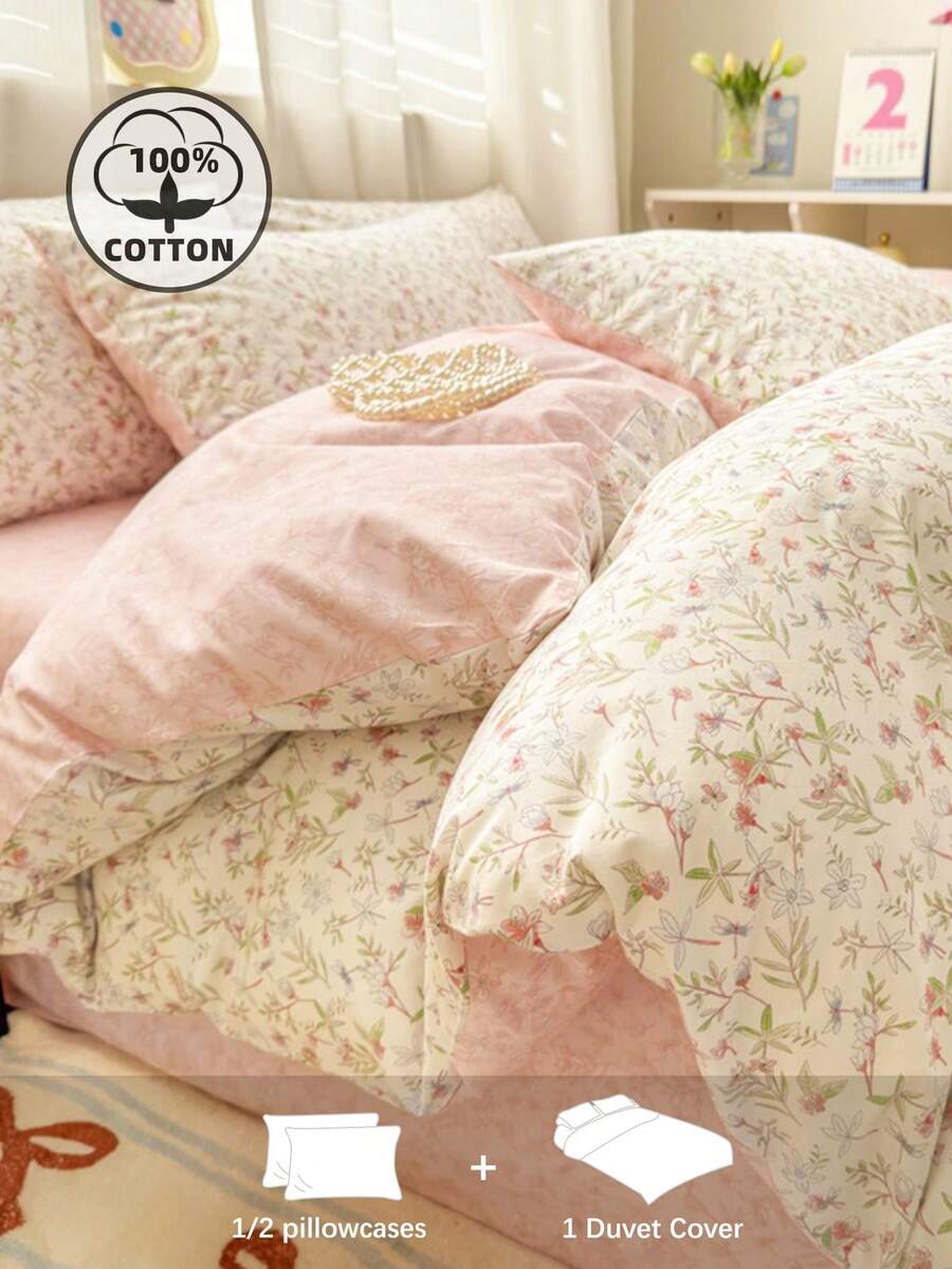 2/3pcs Floral Pink Flower Pattern, Dorm Essential, Ultra Soft Cute Style, Fresh And Tight, Spring/Summer Women's Necessity, Duvet Cover Set, Duvet Insert Not Included, Double, Queen And King Size Available - Multicolor - View 1