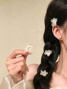 5件組女款時尚粉色花朵髮夾，甜美迷你髮夾，優雅公主櫻花毛絨髮夾，芭蕾風Y2K仙女髮飾 - 米色 - 查看 3
