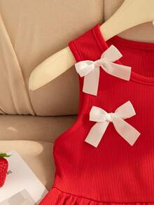 2pcs Girls Casual Outfit: Sleeveless Solid Color Top With 3D Bow Design And Elastic Waist Bowknot Straight Leg Pants - Red - View 4