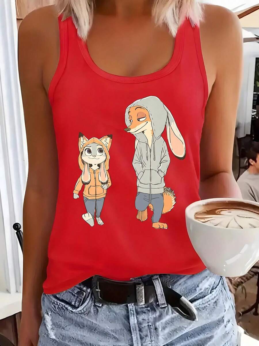 Disney Zootopia Judy & Nick Women's Sleeveless Tank - Cute Hoodie Swap Couple Print Racerback Top, Lightweight Casual Shirt For Disney World Trip, Summer Vacation & Daily Wear - 紅色 - 查看 1
