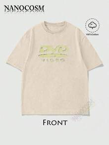 [100% Cotton] DVD Video Nostalgic Green Logo Vintage Gaming Print T-Shirt 2000s Aesthetic Retro Summer Shirt - Unisex Women & Men's Campus Daily Wear - Washed T - Apricot - 查看 1