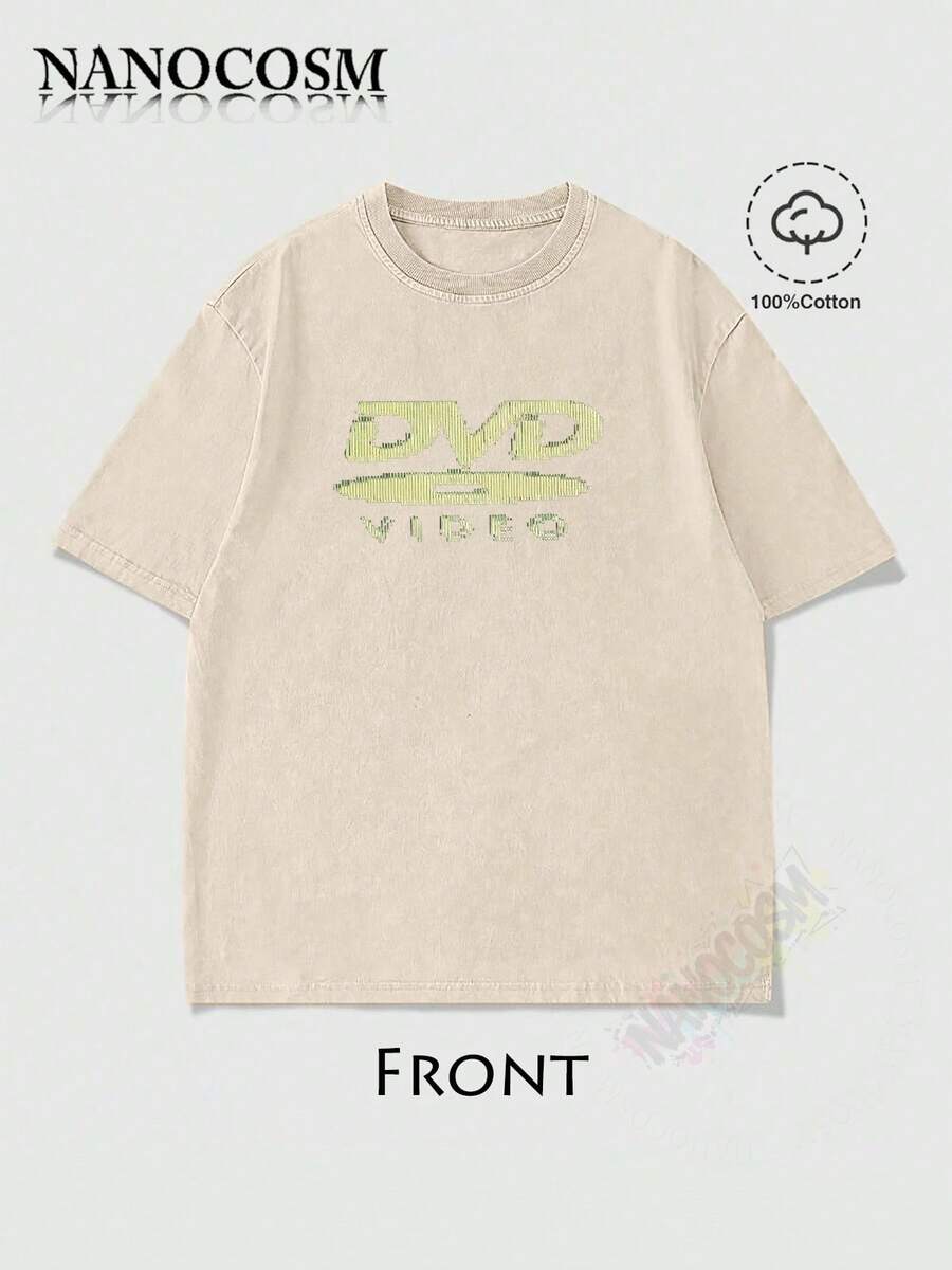 [100% Cotton] DVD Video Nostalgic Green Logo Vintage Gaming Print T-Shirt 2000s Aesthetic Retro Summer Shirt - Unisex Women & Men's Campus Daily Wear - Washed T - Apricot - 查看 1