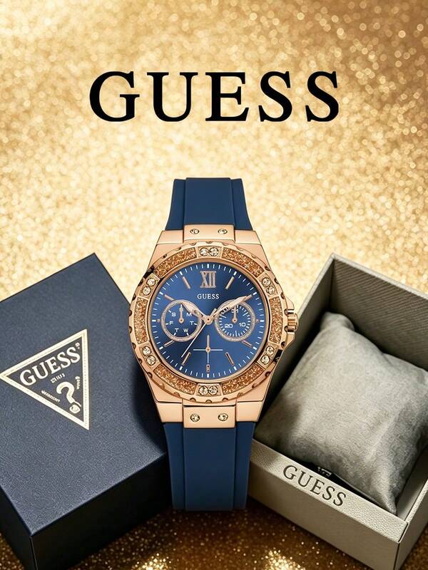  Elevate Your Style! Guess W1053L1 Women's Quartz Watch - Rose Gold & Blue Elegance, 50m Water-Resistant, Mineral Crystal Shine