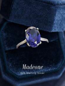 MADEONE 1pc 925 Sterling Silver 12*8mm 4-Prong Oval Cubic Zirconia Ring, Women's Fashion Wedding Anniversary Gift, Delicate Jewelry, Everyday Decoration - Blue Stone - View 1