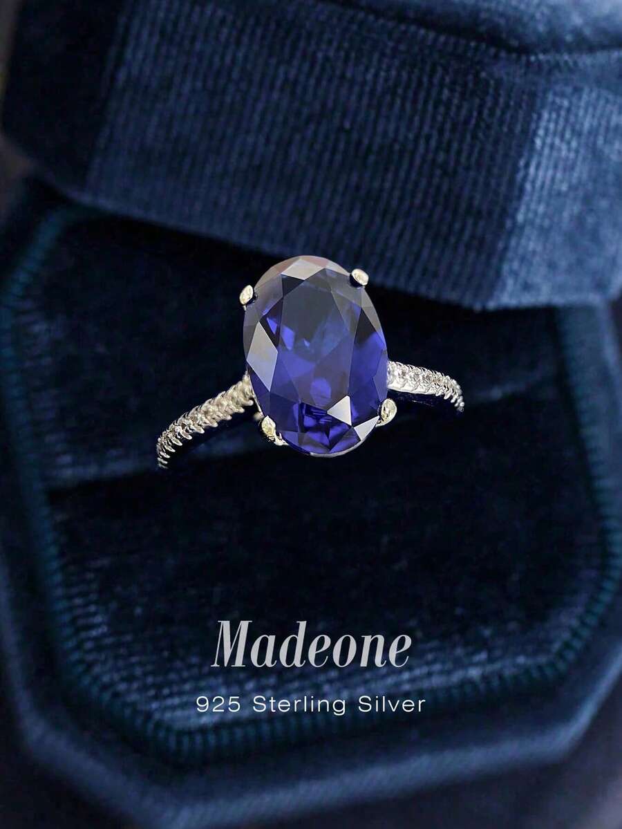 MADEONE 1pc 925 Sterling Silver 12*8mm 4-Prong Oval Cubic Zirconia Ring, Women's Fashion Wedding Anniversary Gift, Delicate Jewelry, Everyday Decoration - Blue Stone - View 1