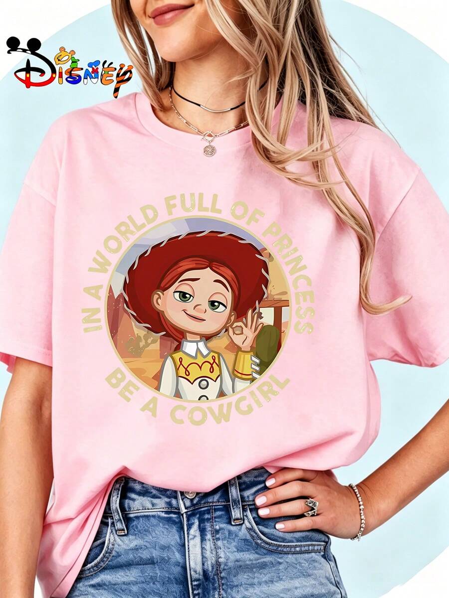 Breathable Cotton Disney Fan Tee | Jessie Cowgirl Quote Print | Classic Toy Story Pullover Shirt - 粉色 - 查看 1