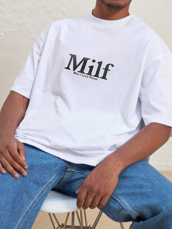 Milf (Man I Love Frogs) Tee(180 Cotton T-Shirt) Men's Round Neck And Short Sleeves, Casual Cotton, Casual Fashion, Suitable For Indoor And Outdoor Wear And Holiday Gifts