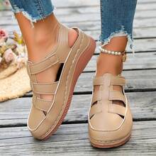 Women's Round Toe Stitched Wedge Thick Sole Hollow Out Hook And Loop Flat Sandals, Summer Outdoor - Apricot - View 4