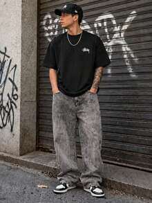 Baggy Jeans, Wide-Leg Balloon Pants, Straight Cut, Carpenter Style, Unisex - Stone Gray - View 1