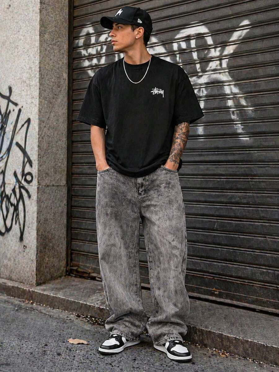 Baggy Jeans, Wide-Leg Balloon Pants, Straight Cut, Carpenter Style, Unisex - Stone Gray - View 1
