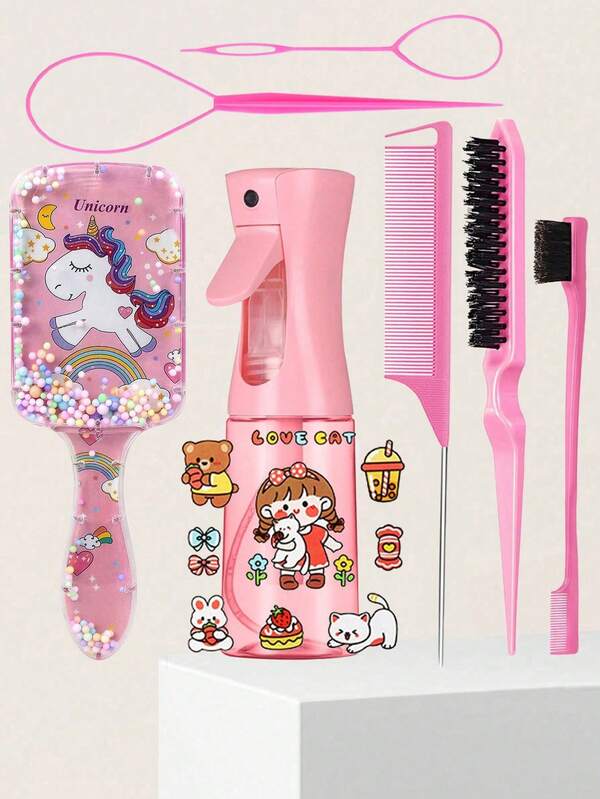 4/6/8-Piece Mini Cartoon Comb Set, Bathroom Wet And Dry Use, Cartoon Pattern Continuous Spray Bottle Set, Cartoon Hair Styling Set.