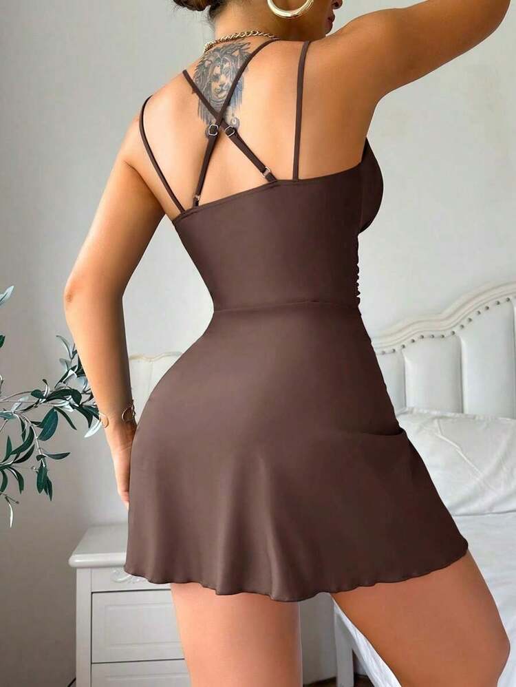Swim Lushoire Vestido de traje de baño de ajuste entallado de unicolor con tirantes finos, ropa de verano casual para playa y vacaciones - Café integral - Añade 2