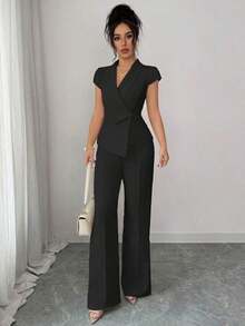 Conjunto casual y elegante de 2 piezas para mujer, con cuello cruzado asimétrico, mangas abullonadas, cintura ceñida, blusa con bajo en línea A y pantalones de cintura elástica, adecuado para ir a trabajar, vacaciones, tomar el té por la tarde, fi - Negro - Ver 6