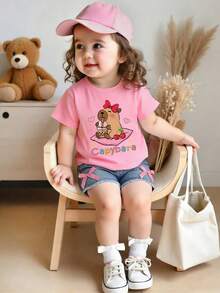 Baby Girl Cartoon Print Short Sleeve Top And Solid Color Denim Shorts - Pink - View 7