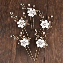 5件套新娘婚礼水晶珍珠花朵合金叶子发夹套装 - 5pcs白色 - 查看 2